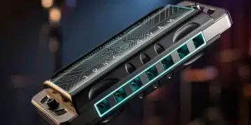 Futuristic harmonica design with advanced materials on a blues stage, symbolizing innovation.