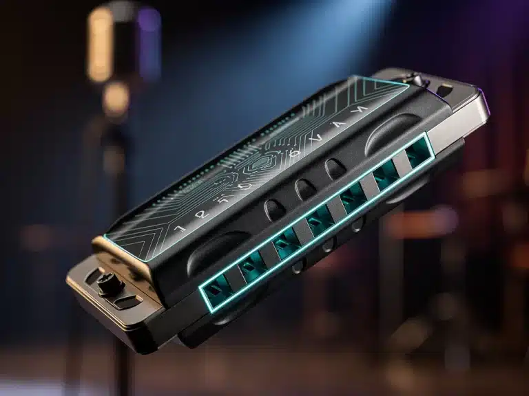 Futuristic harmonica design with advanced materials on a blues stage, symbolizing innovation.