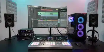 Futuristic MIDI controller in a modern music studio, showcasing advanced features for music production efficiency.