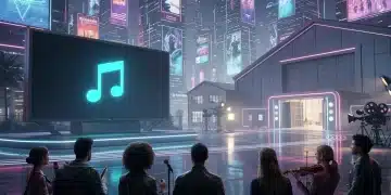 Futuristic cityscape with film and TV screens, US artists poised for music licensing success