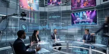 Futuristic newsroom with AI and holographic displays covering music
