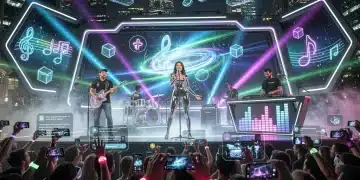 Futuristic concert with holographic music NFTs and engaged fans.
