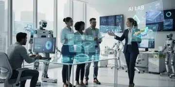 Professionals working in a futuristic office with AI and automation