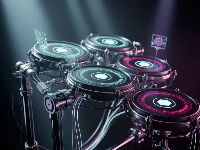 Futuristic percussion kit with glowing pads for modern music