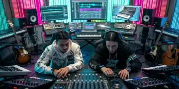 Two US producers in a futuristic studio shaping 2026 music