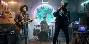 Three US band members performing in a garage, a glowing portal behind them symbolizing global breakthrough strategies.
