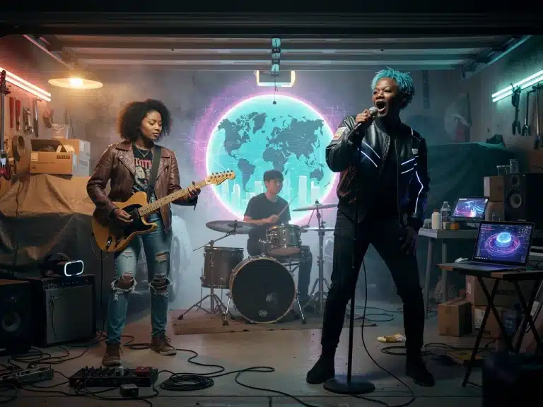 Three US band members performing in a garage, a glowing portal behind them symbolizing global breakthrough strategies.