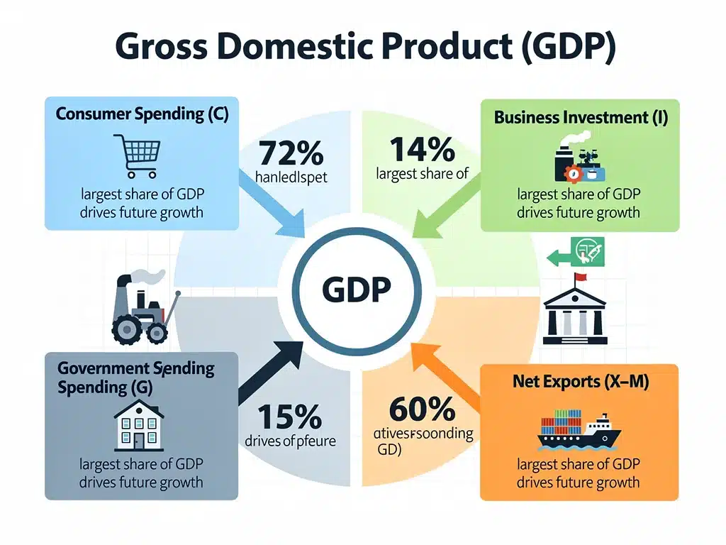 Infographic detailing GDP components like consumer spending, investment, and net exports contributing to economic growth.