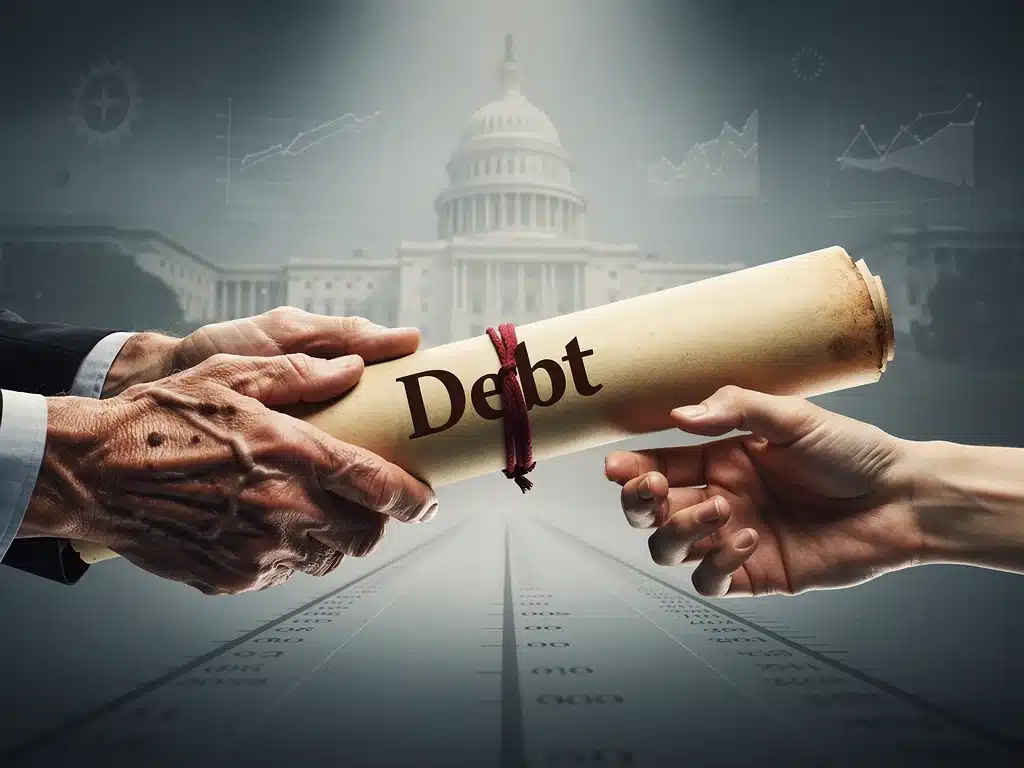 Generational impact of national debt, depicting a transfer of financial burden from older to younger generations.