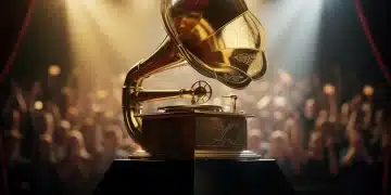 Golden Grammy Award on stage with cheering audience in background.