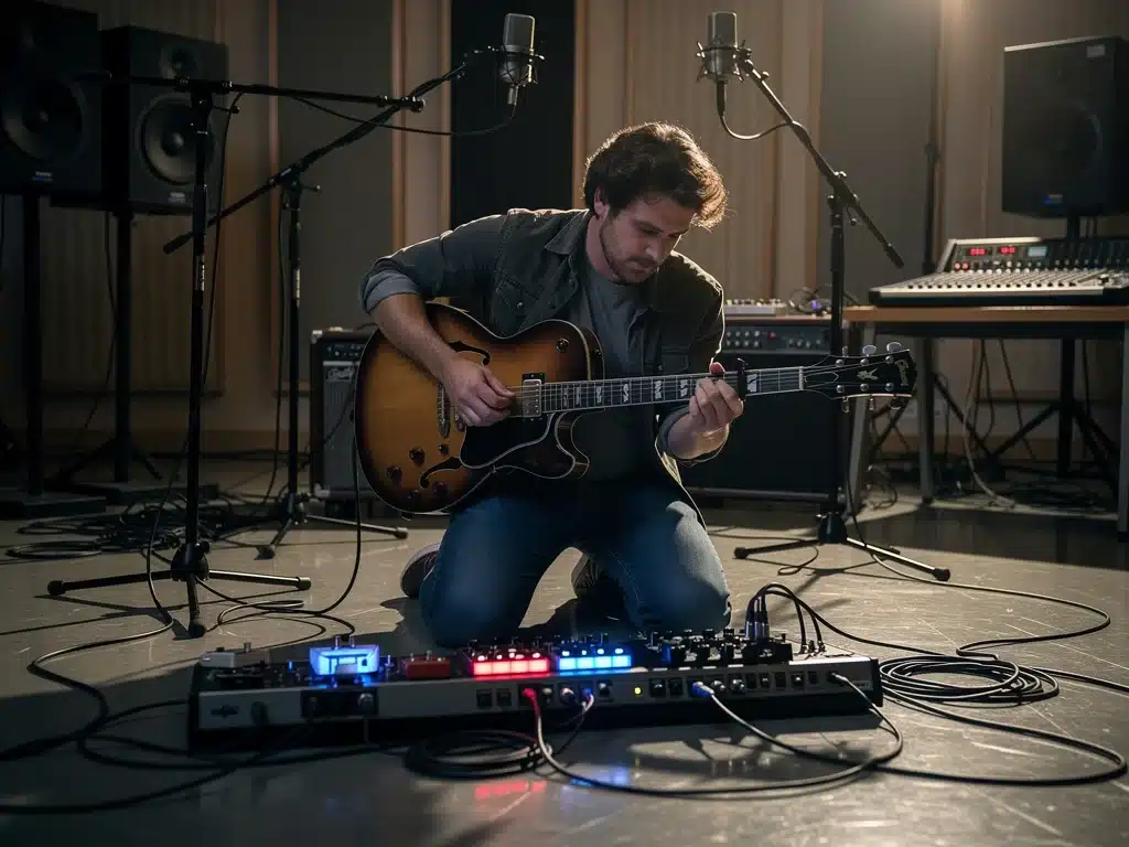 Guitarist using advanced multi-effects pedal in a professional studio setting