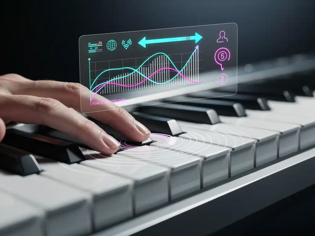 Close-up of haptic feedback keybed on a digital piano