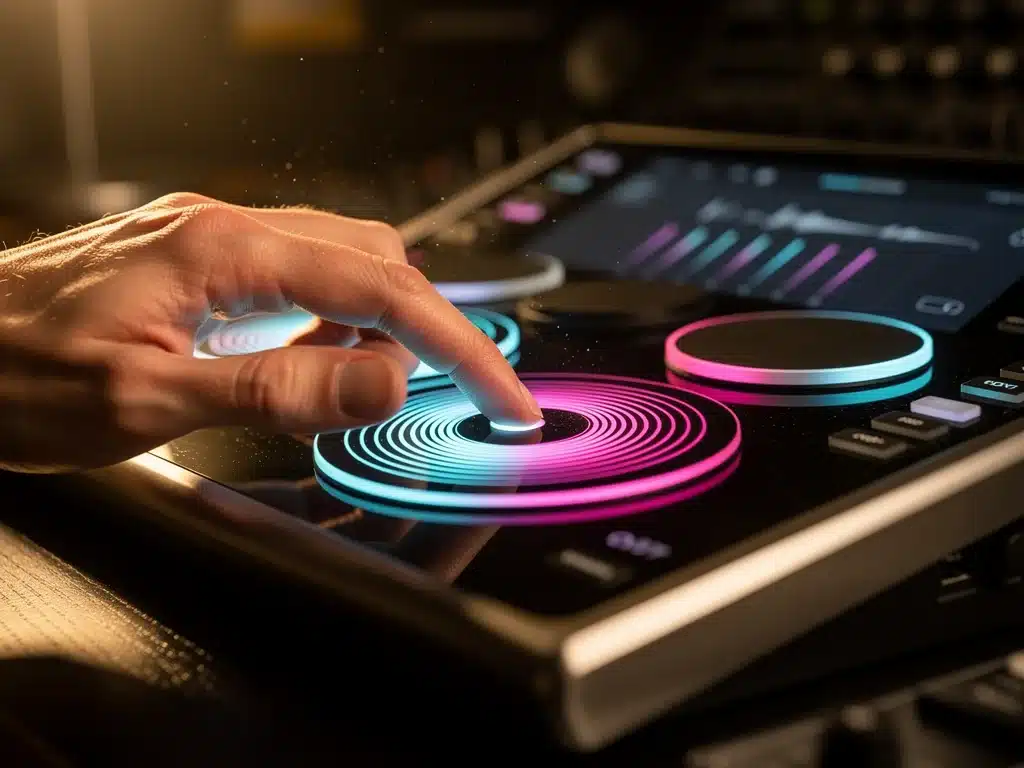 Musician's hands using a MIDI controller with haptic feedback and touch display for intuitive control.