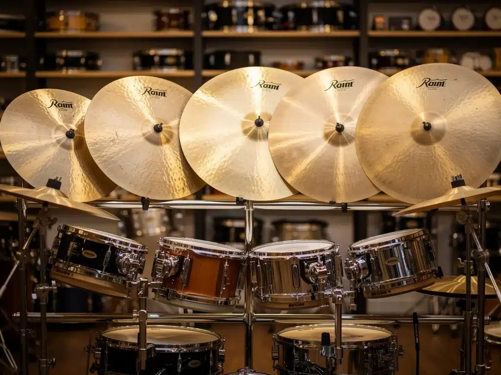 Collection of professional-grade cymbals, including crash, ride, and hi-hats, showcased in a music shop.