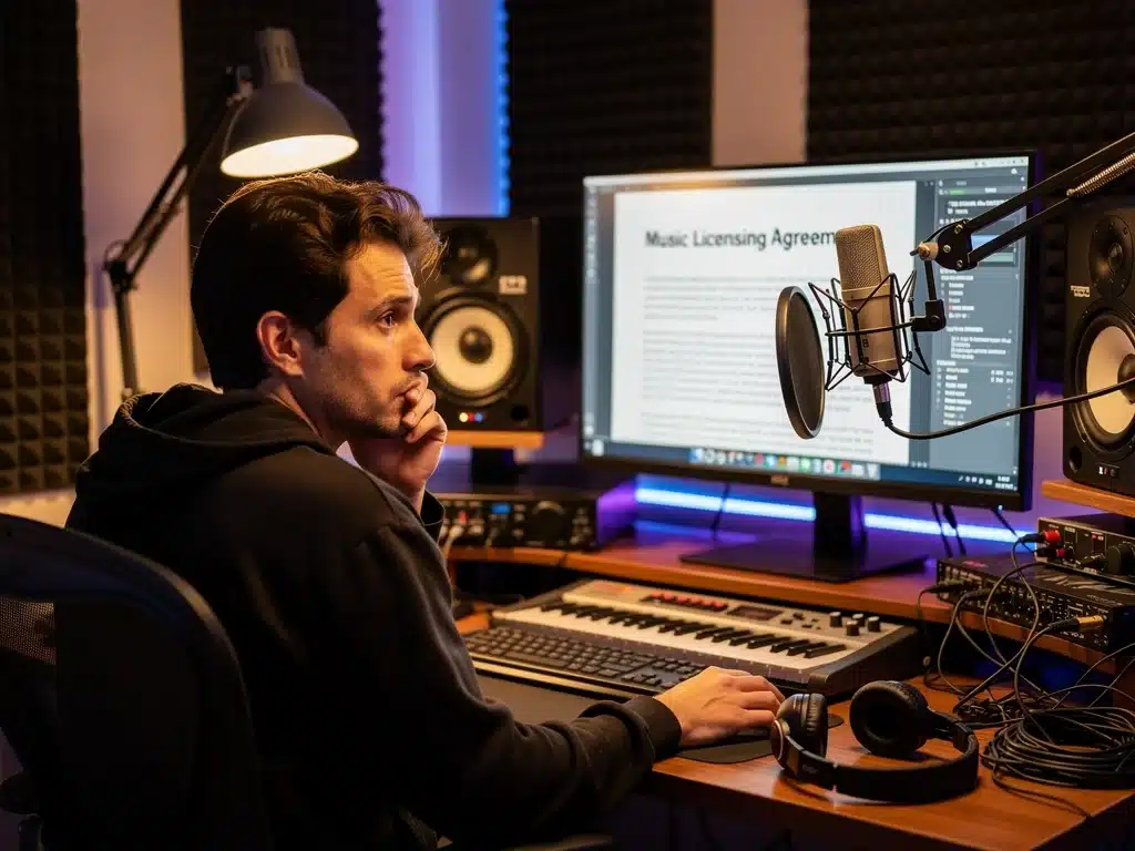 Independent artist reviewing legal documents in home studio
