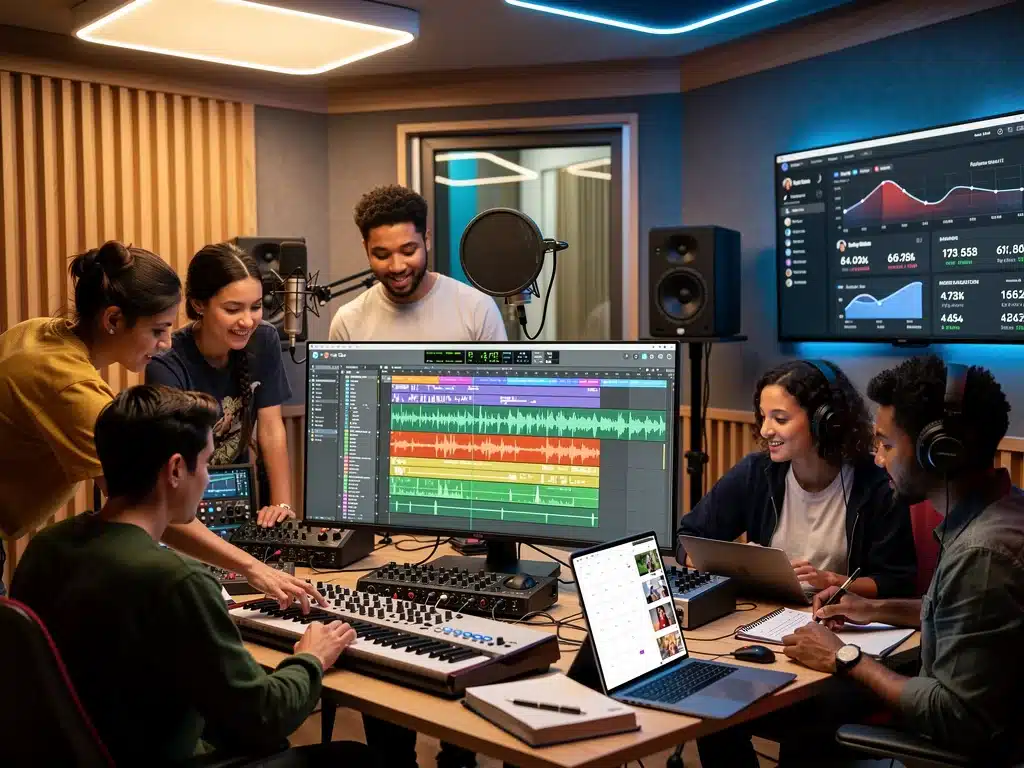 Independent music creators collaborating in a digital studio