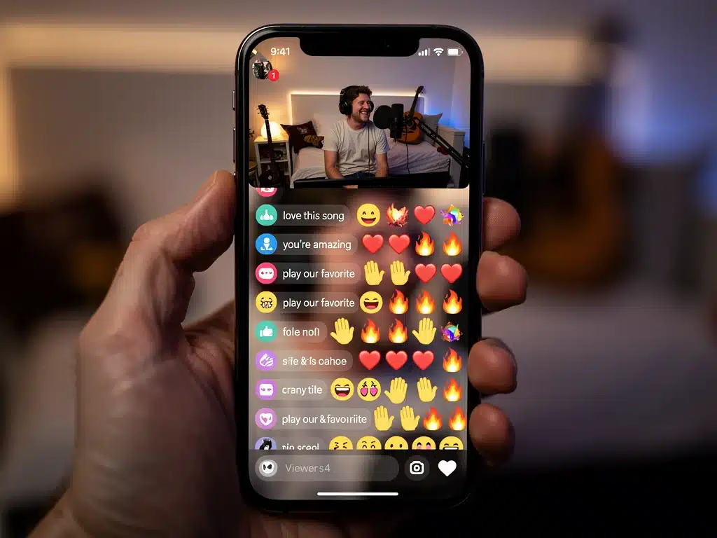 Indie artist live stream interacting with fans, digital community.