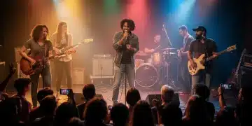 Indie artists on stage connecting with fans, vibrant concert atmosphere.