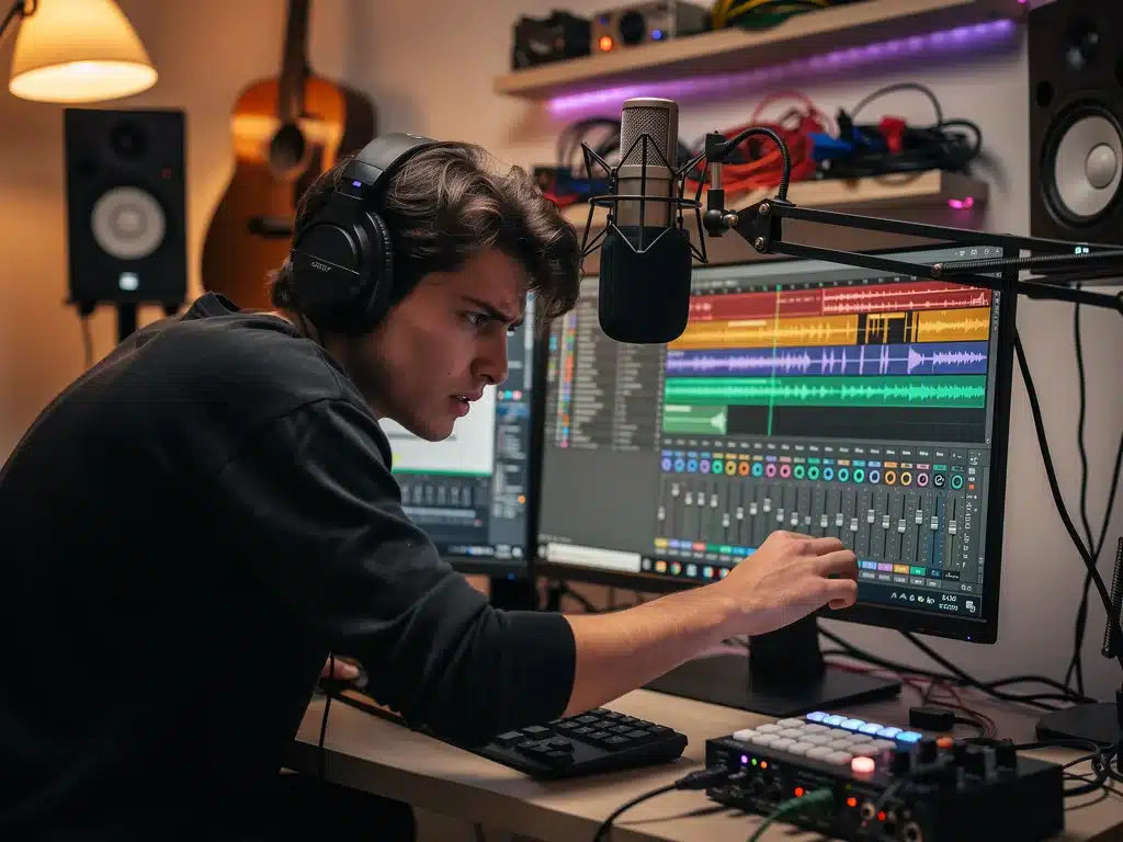 Indie musician producing music in a home studio, digital creation.