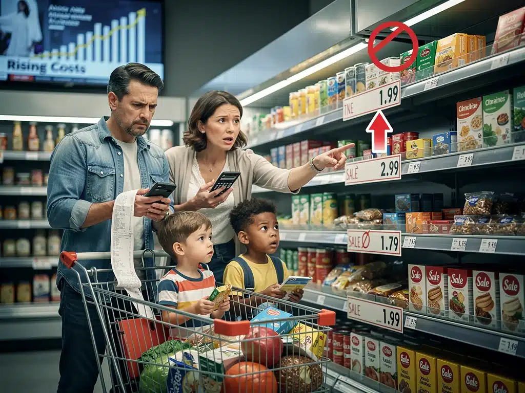 Illustration depicting the impact of inflation on consumer purchasing power and household budgets.