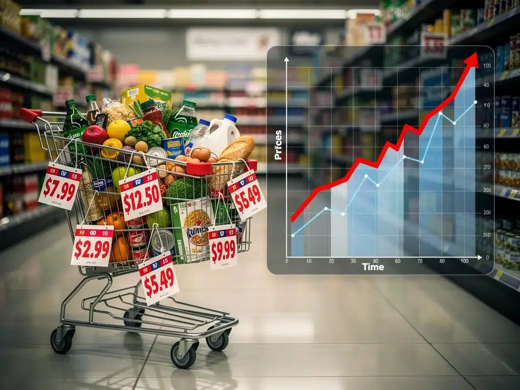 Inflation impact on consumer goods, showing rising prices and reduced purchasing power.