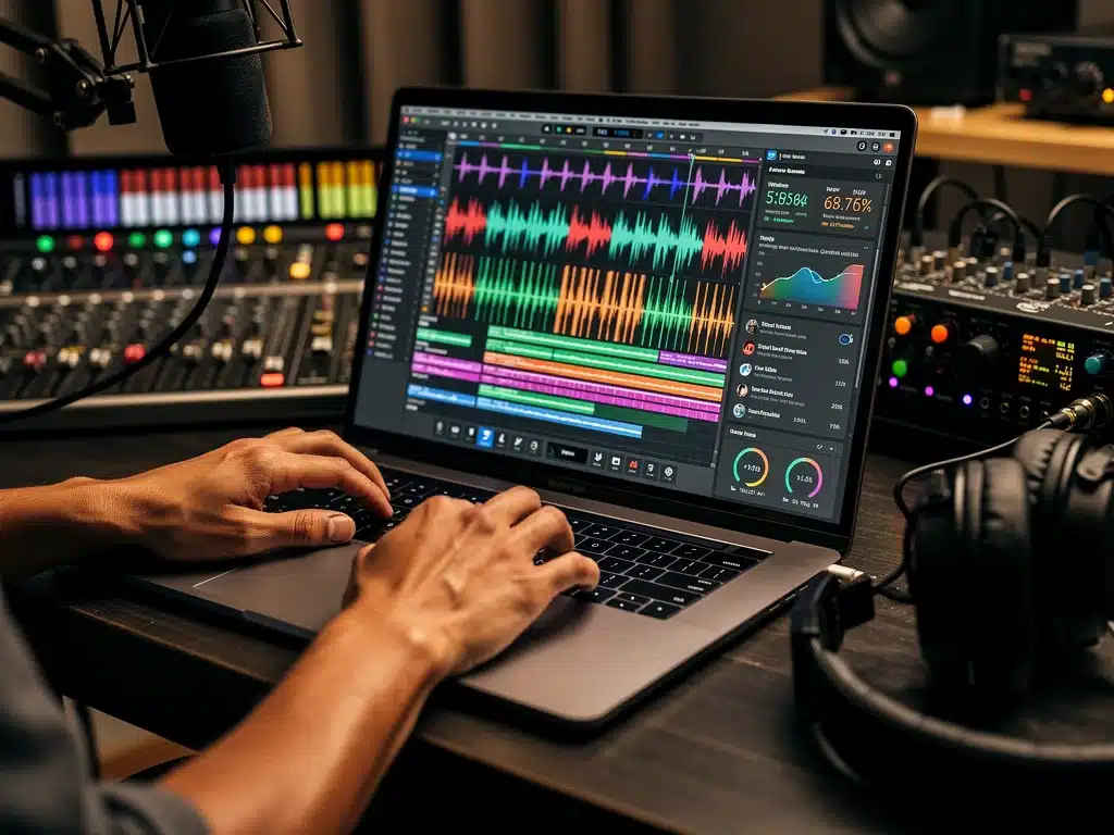 Musician's hands on a digital audio workstation, showcasing innovative music production and marketing.