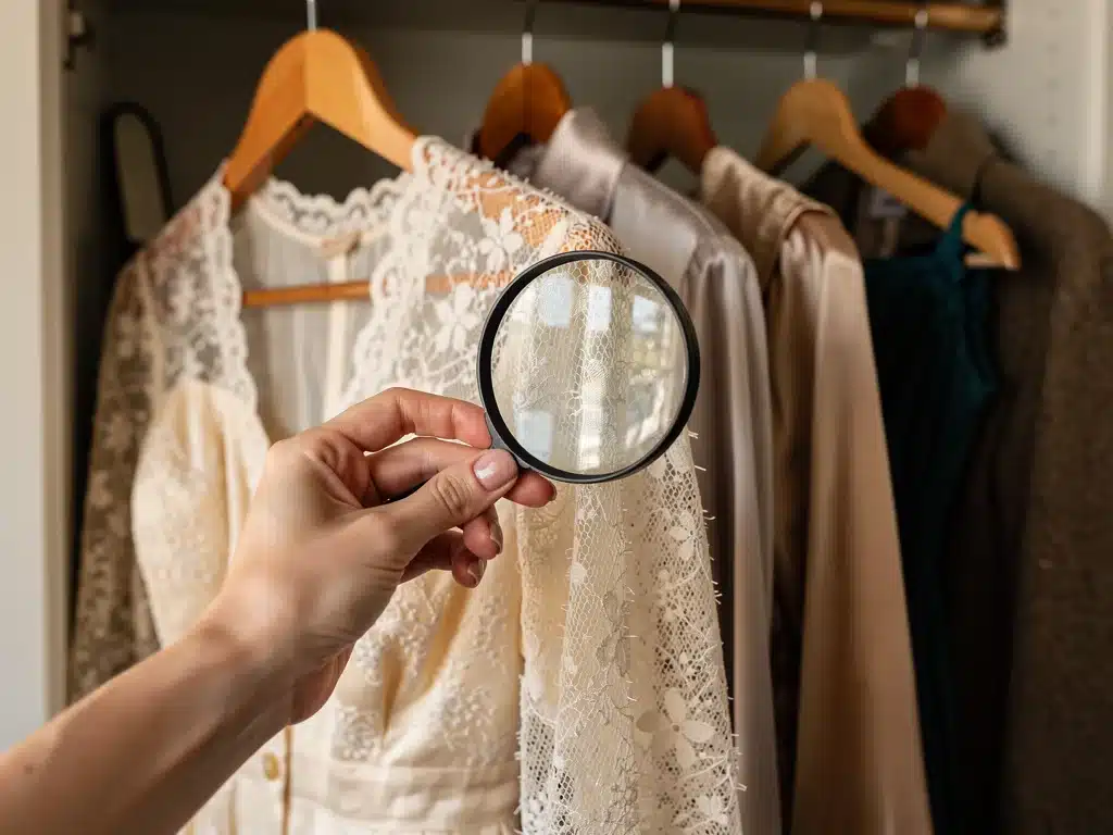 Hand inspecting vintage lace dress for damage