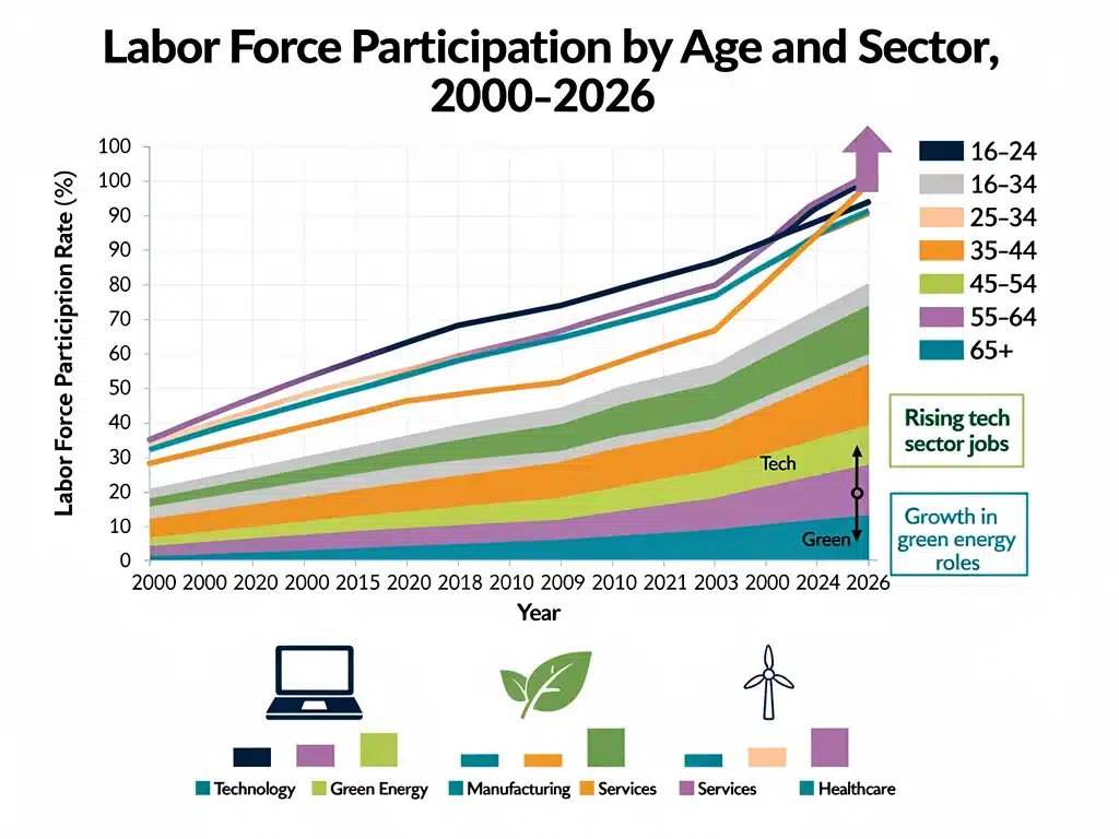 Labor force participation rate changes by sector and age group.