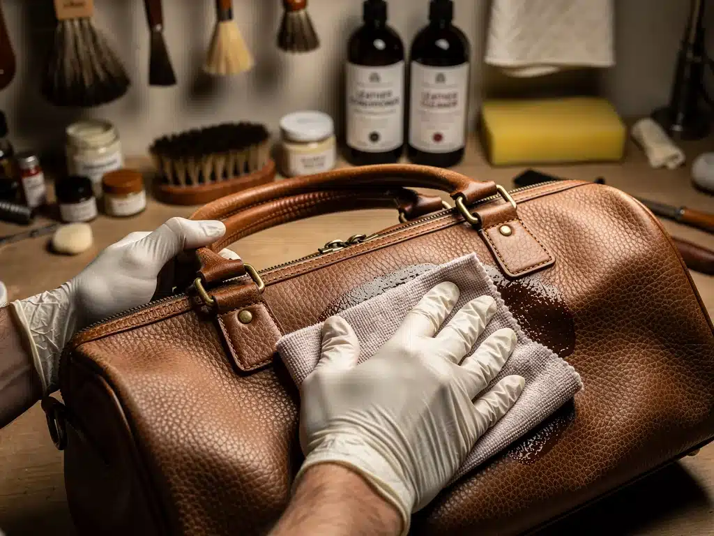 Hands applying leather conditioner to a vintage handbag, emphasizing careful restoration techniques.