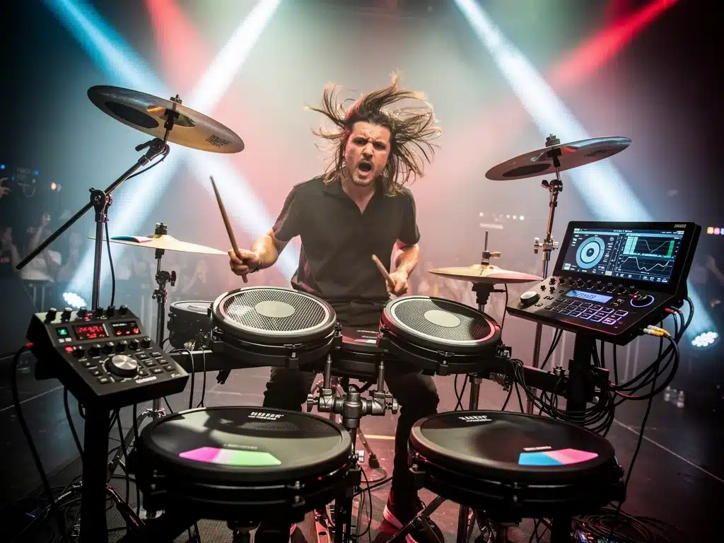 Drummer performing live with an advanced electronic drum kit.