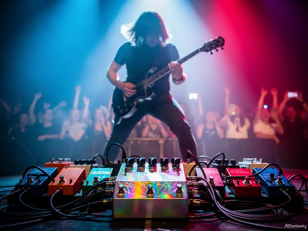 Live guitarist performing with innovative holographic modulation pedal