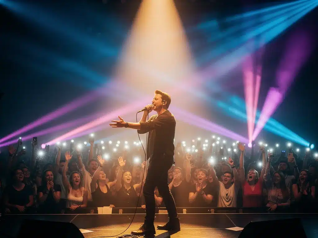 Artist performing live on stage with an enthusiastic audience