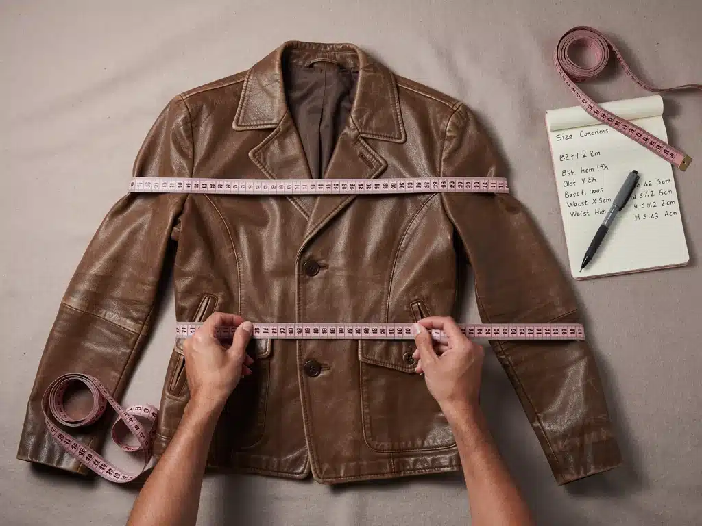 Person measuring a vintage jacket for accurate sizing