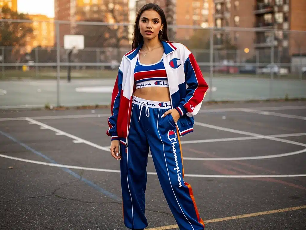 Model confidently wearing a vibrant 1990s Champion tracksuit in an urban environment.