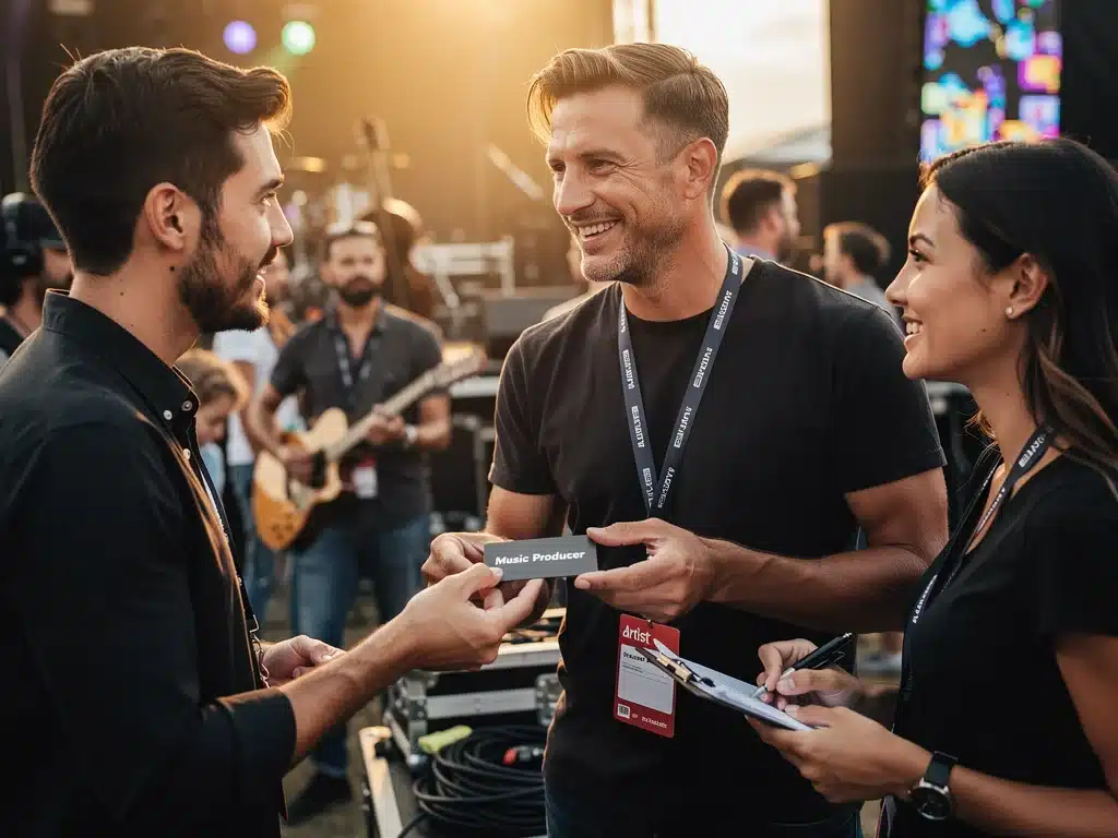 Musician networking with an industry professional backstage at a music festival.