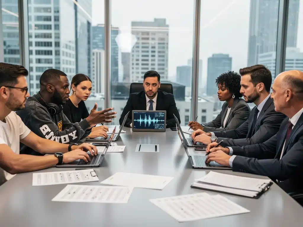 Music industry professionals discussing AI ethics around a conference table