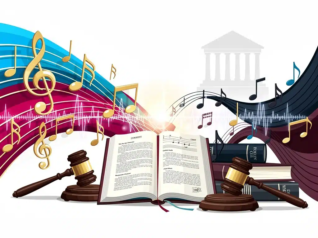 Musical notes with legal documents, copyright legislation
