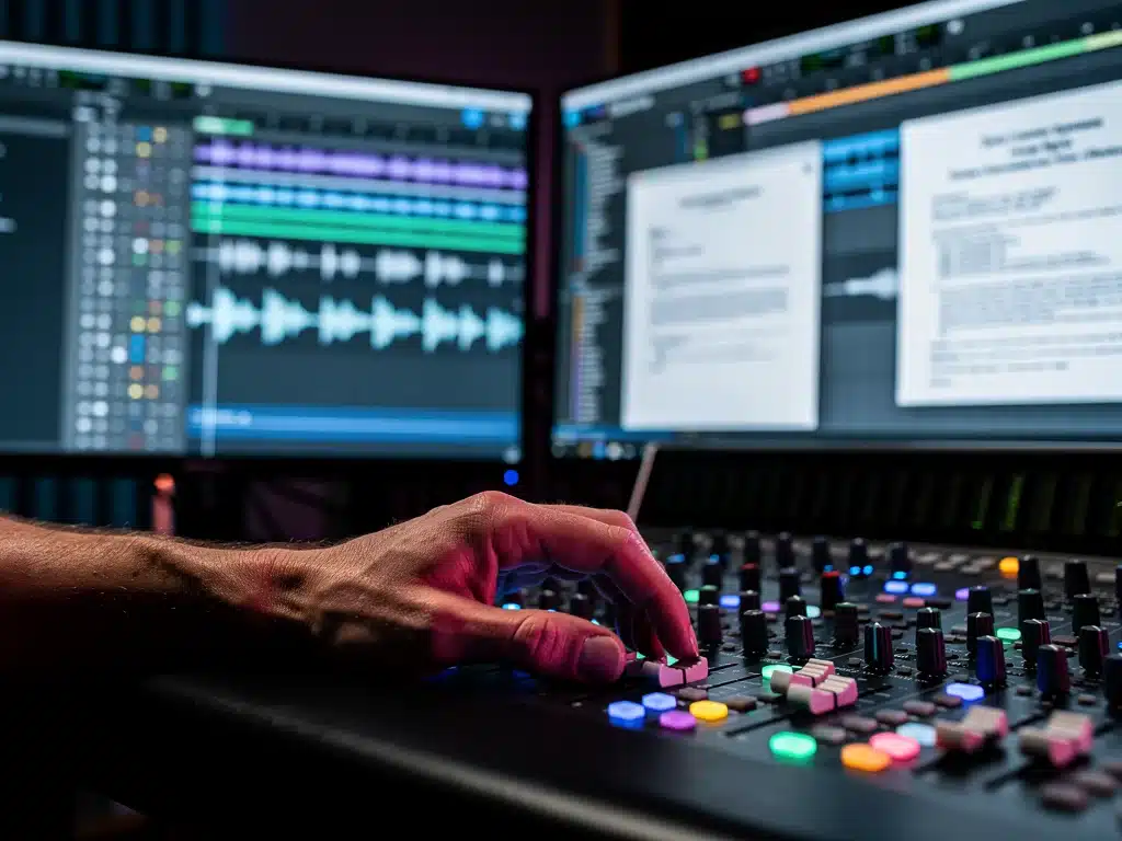 Music producer's hand on mixing board with digital screens, symbolizing music sync and licensing