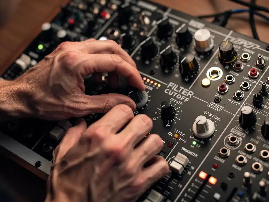 Musician adjusting analog synthesizer controls