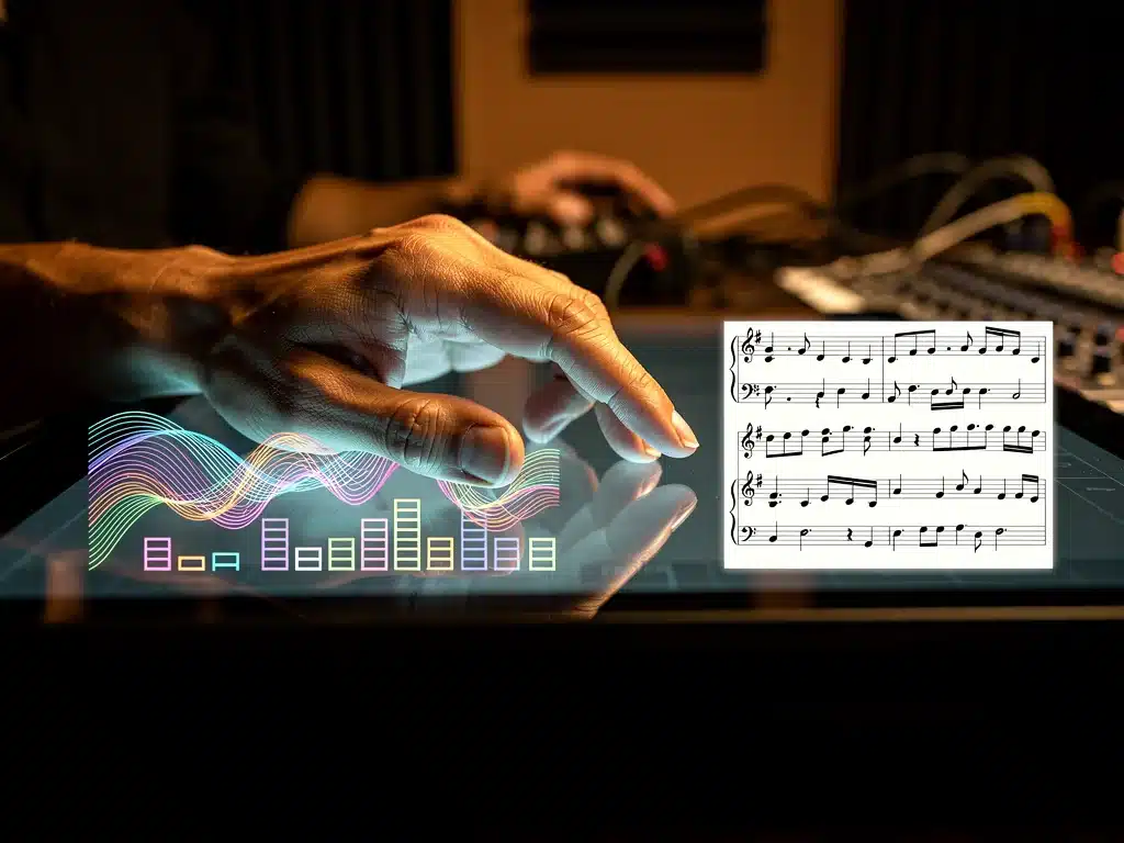 Musician interacting with AI-generated musical patterns on a digital interface