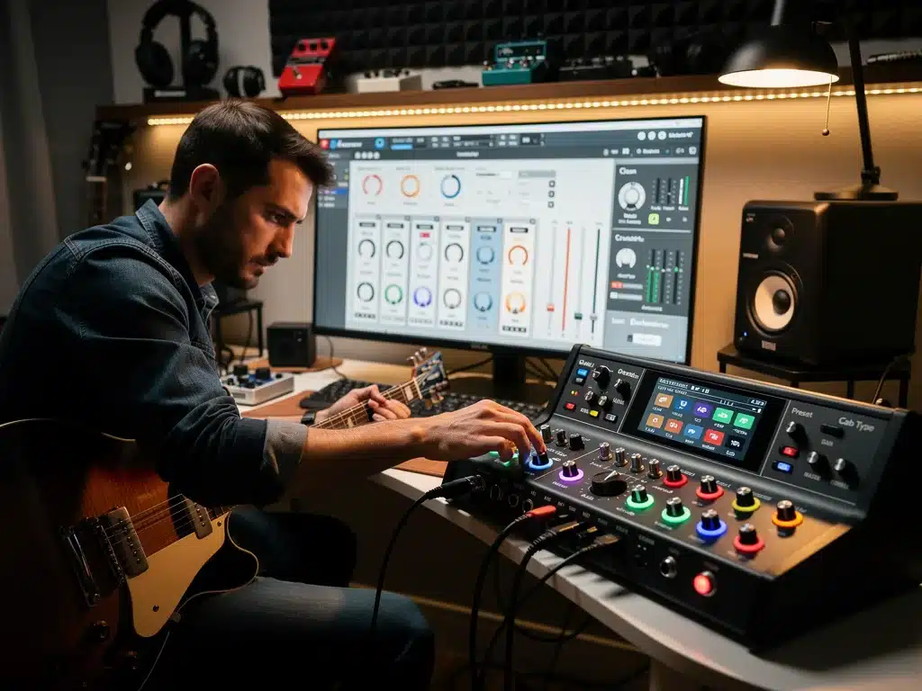 Musician using digital amp modeler in home studio environment