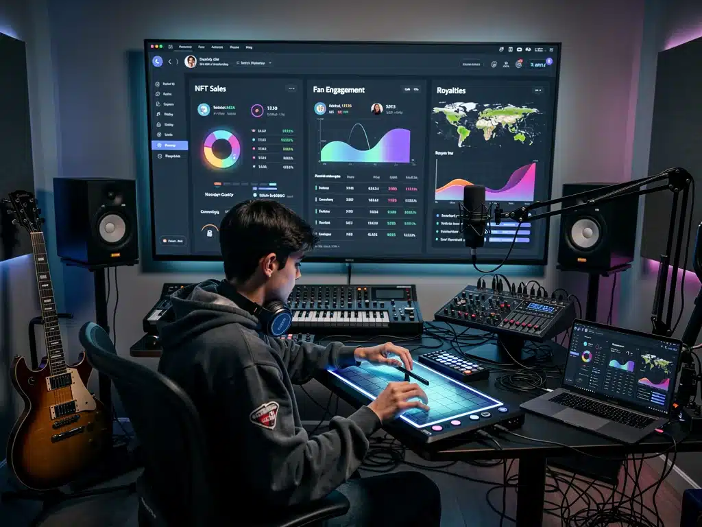 Musician analyzing NFT sales and fan data in a digital studio.