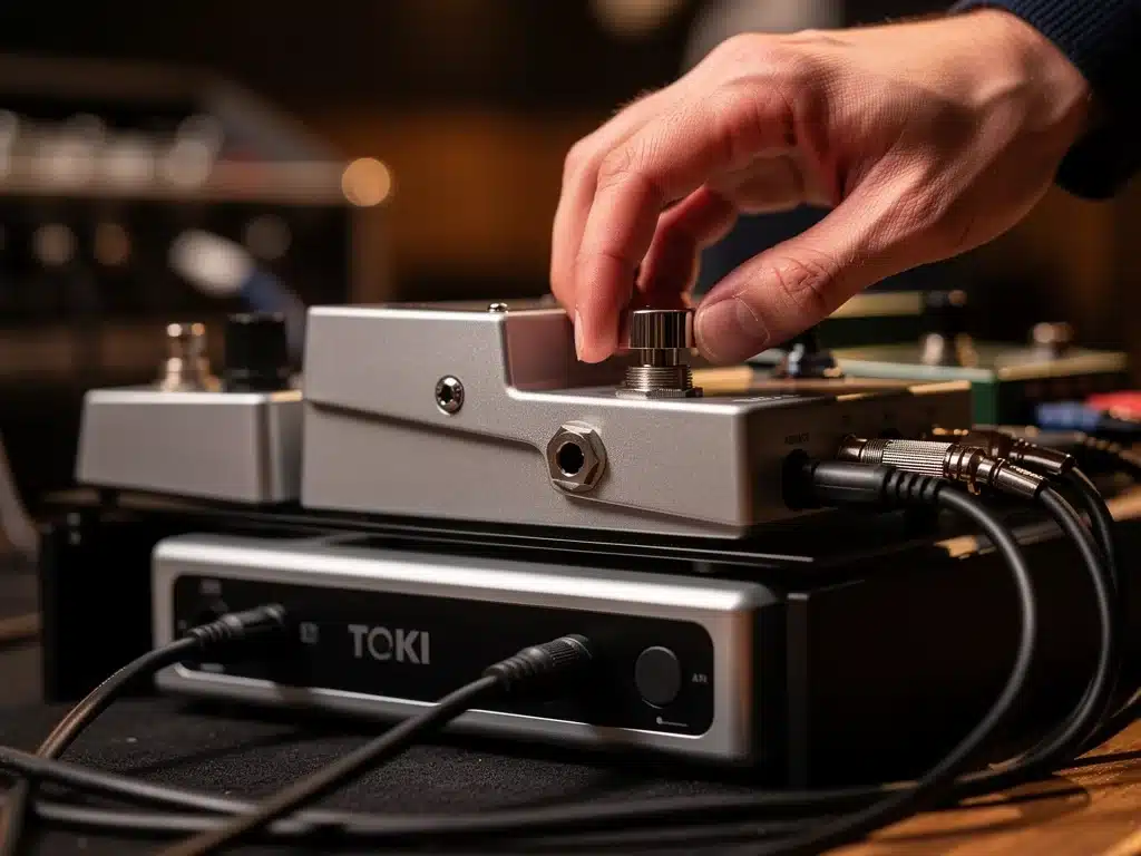 Musician adjusting effect pedal on a quiet, powered pedalboard