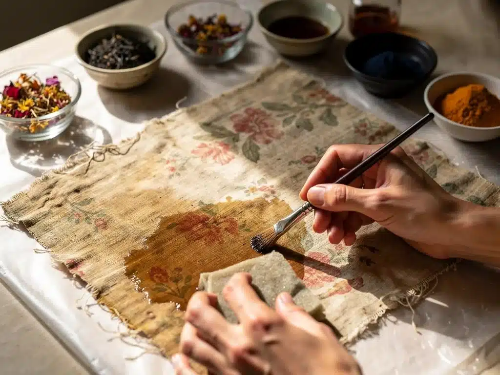 Applying natural dye to faded vintage fabric for color restoration