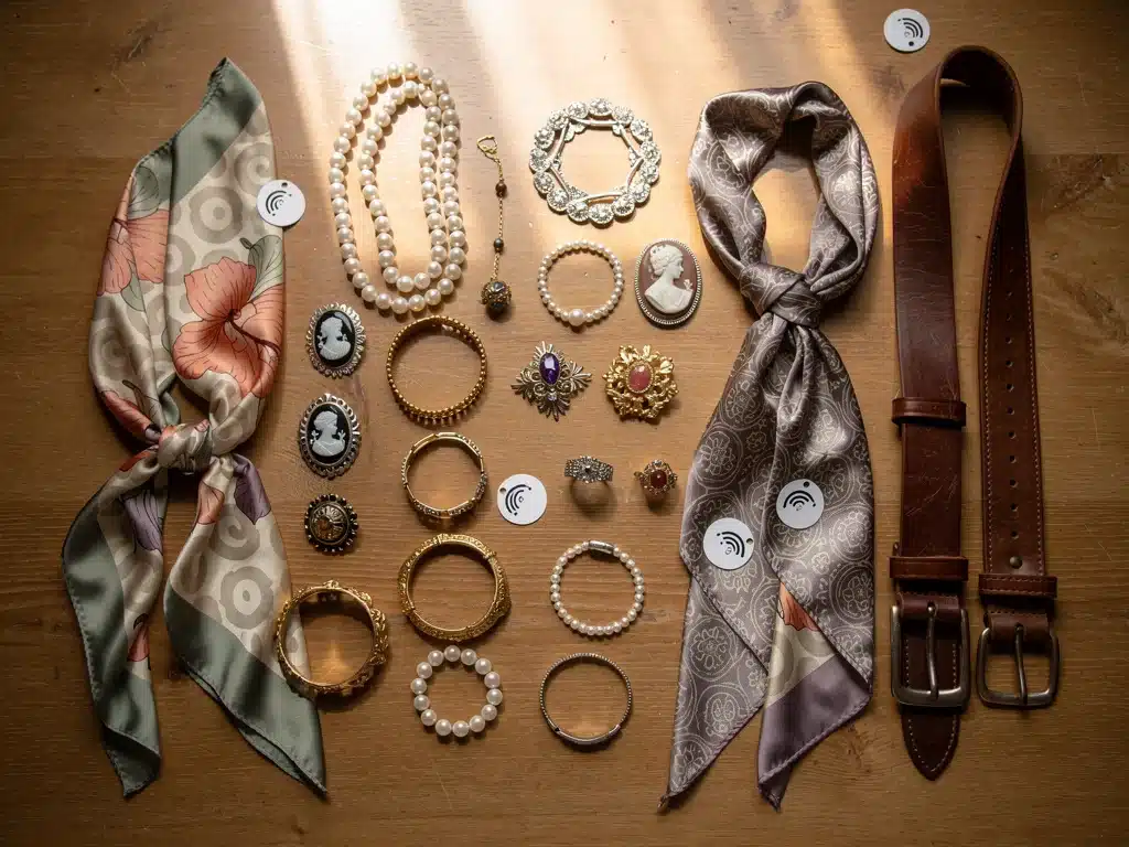 NFC tagged vintage accessories on a table for digital inventory and authentication.