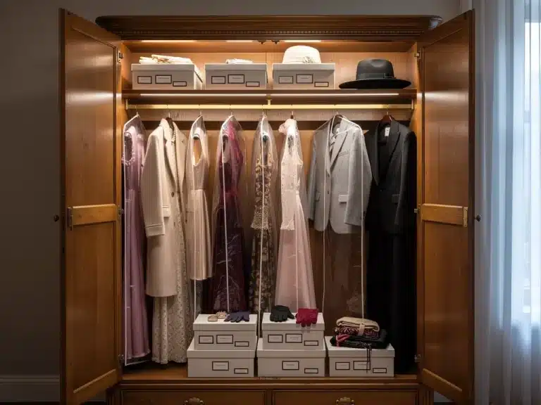 Organized vintage wardrobe with garment bags and acid-free boxes