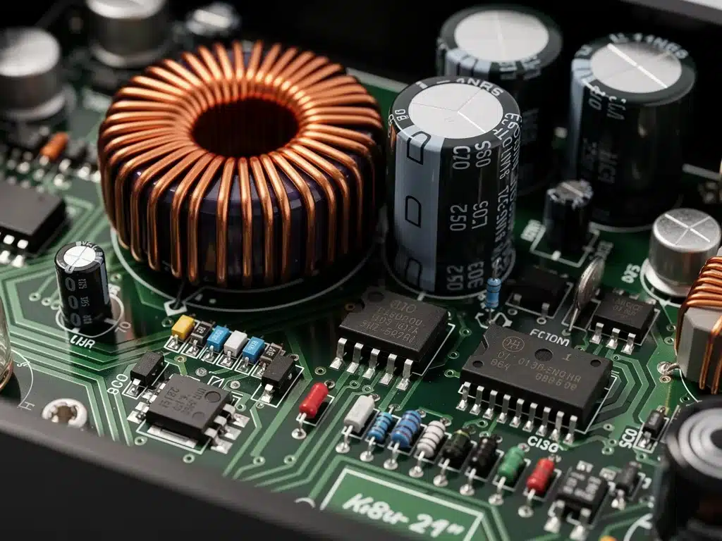 Internal components of a high-quality pedalboard power supply circuit board