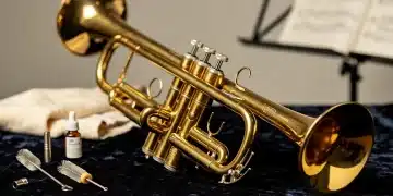 Polished brass trumpet with cleaning tools, symbolizing effective instrument maintenance for longevity.