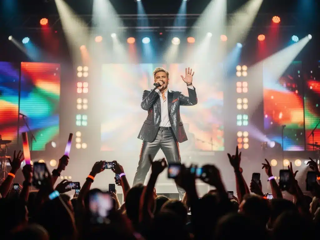 Pop superstar performing live on stage with bright lights and fans.