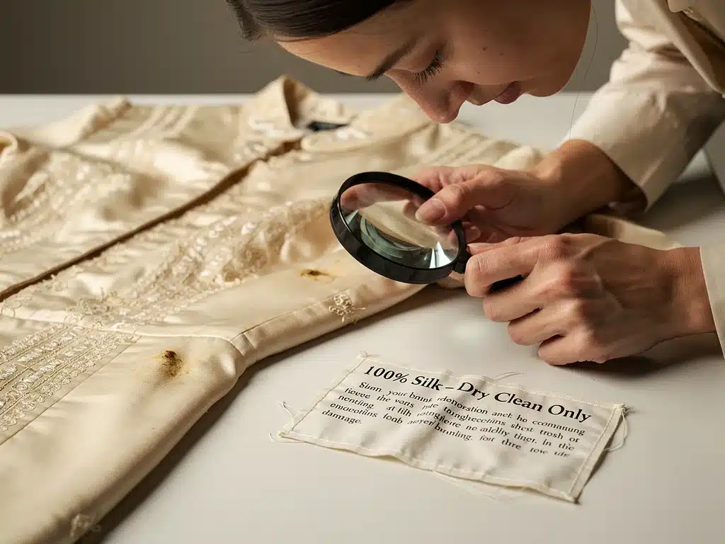 Person inspecting vintage garment for stains before cleaning